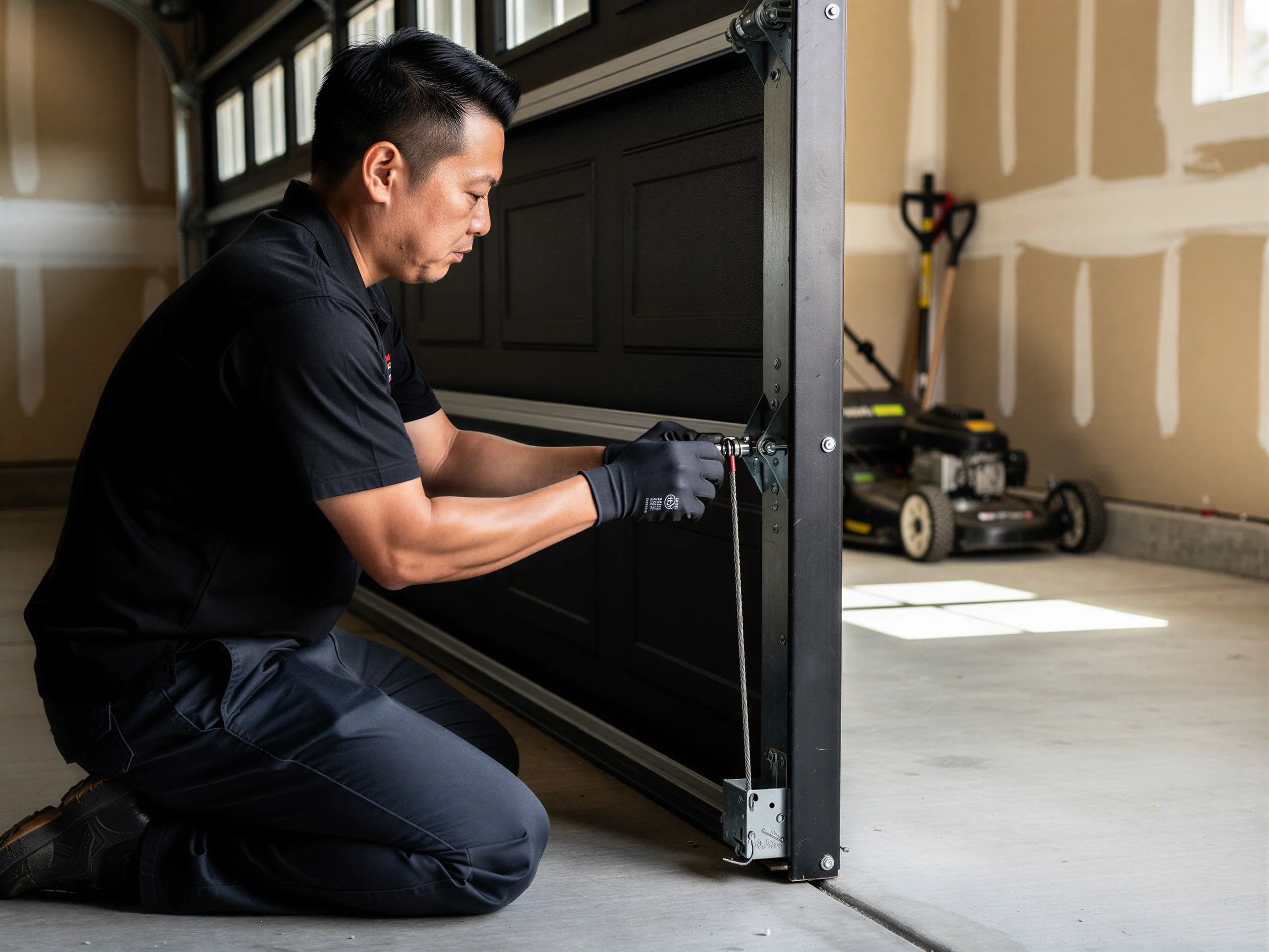 A technician kneels, adjusting a cable on a black garage door panel.