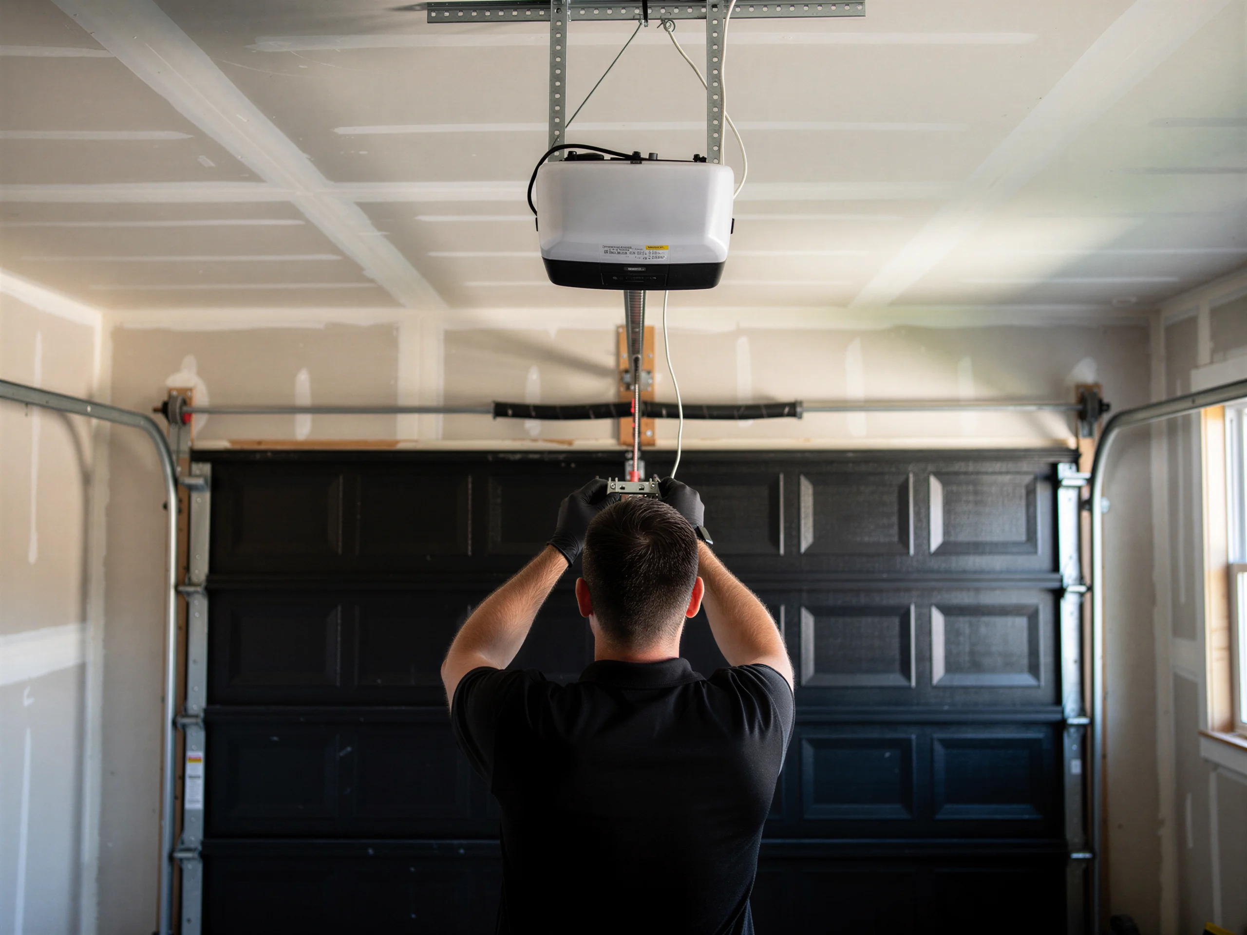 A technician works on a garage door opener above a black garage door.