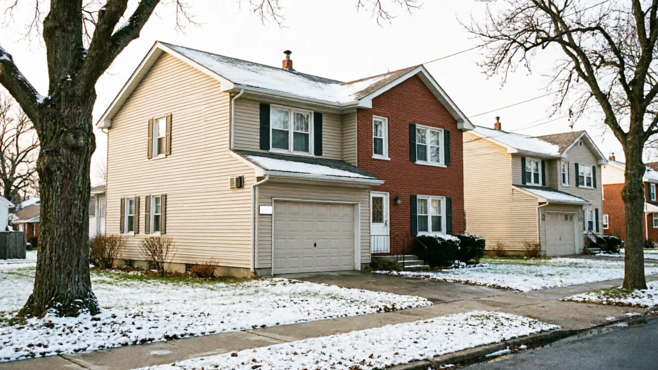 A row of houses with snow on the roofs and lawns.